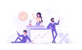 Our team. A group of smiling people making a welcome gesture on. Startup. Colleagues and friends. Flat vector illustration