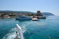 OURANOUPOLI, GREECE - MAY 27, 2016: Cruise boats travelling to Mount Athos Monasteries from Ouranoupolis port, Halkidiki, Greece