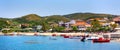 Ouranoupolis town panorama, harbor, boats at Athos, Greece