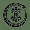 Ouroboros serpent curled up around yggdrasil, viking tree of life