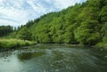 The Ourthe river running wild surrounded by green forest.