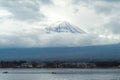 The oustanding summit of Fuji mountain isolated on the clear sky with lake in foreground Royalty Free Stock Photo