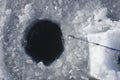 The ice fishing hole in the frozen lake