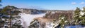 Out of focus. Blurred photo. View of the Bay of the Baltic sea with rocky coasts in winter day. Winter snowy landscape of Swedish Royalty Free Stock Photo