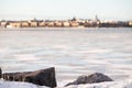 Out of focus silhouette of downtown Helsinki across the river