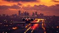 Out of focus view of a private jet silhouetted against a vibrant city skyline evoking a sense of jetsetting and elite