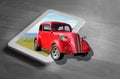 Out of frame vintage classic car computer tablet screen