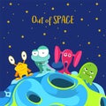 Out of space. Spaceship background with monsters in cartoon style