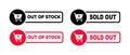 Out of stock, Sold out, black and red labels vector icons set. Isolated stamped business signs and shopping cart Royalty Free Stock Photo
