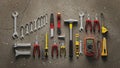 Out symmetrically showcasing a variety of common hand tools used for Royalty Free Stock Photo