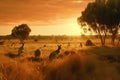 Golden sunset outback Australian landscape with kangaroos.