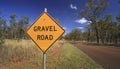 Outback Australian road with gravel warning sign Royalty Free Stock Photo