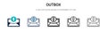 Outbox icon in filled, thin line, outline and stroke style. Vector illustration of two colored and black outbox vector icons