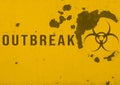 Outbreak text and Biohazard alert warning sign, grungy style