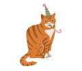 Outbred red and white cat celebrate happy birthday. Vector illustration in simple cartoon flat style. Isolated on white Royalty Free Stock Photo