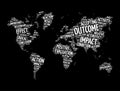 Outcome word cloud in shape of world map, concept background