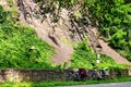 Outcrops of coal seams of hard coal mining with adjoining forest cover in the rock on Landek hill near Ostrava