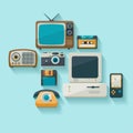 Old electronic appliances, gadgets and office equipment. Royalty Free Stock Photo