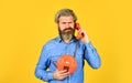 Outdated technology. Manager phone communication. Answering machine. Bearded hipster man phone conversation. Call