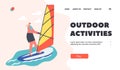 Outdoor Activities Landing Page Template. Sportswoman Character Sailing. Woman Riding Sea Waves by Sail, Relax at Summer