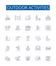 Outdoor activities line icons signs set. Design collection of Hiking, Kayaking, Camping, Surfing, Canoeing, Climbing