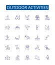 Outdoor activities line icons signs set. Design collection of Hiking, Kayaking, Camping, Surfing, Canoeing, Climbing