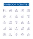 Outdoor activities line icons signs set. Design collection of Hiking, Kayaking, Camping, Surfing, Canoeing, Climbing