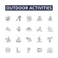 Outdoor activities line vector icons and signs. Camping, Climbing, Cycling, Kayaking, Canoeing, Surfing, Fishing