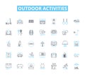 Outdoor activities linear icons set. Hiking, Camping, Fishing, Hunting, Boating, Kayaking, Canoeing line vector and