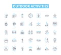 Outdoor activities linear icons set. Hiking, Camping, Fishing, Hunting, Boating, Kayaking, Canoeing line vector and