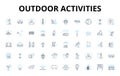 Outdoor activities linear icons set. Hiking, Camping, Fishing, Hunting, Boating, Kayaking, Canoeing vector symbols and