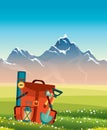 Outdoor activities. Summer landscape - backpack, grass, mountain Royalty Free Stock Photo