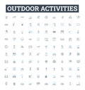 Outdoor activities vector line icons set. Hiking, Camping, Kayaking, Climbing, Biking, Swimming, Snowshoeing Royalty Free Stock Photo