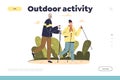 Outdoor activity concept of landing page with active senior man and woman nordic walking in park