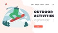 Outdoor Activity Landing Page Template. Happy Snowboarder Riding Snowboard by Snow Slopes at Winter Time Season