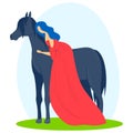 Outdoor activity at nature, person in romantic dress at horse, vector illustration. Princess ride stallion animal