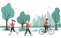 Outdoor activity. People in the city park. Jogging, riding bicycle, nordic walking. Urban recreation concept, sport vector