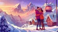 An outdoor activity, people relaxing at a ski resort, a young couple in winter clothes hugging at a snowy hill with Royalty Free Stock Photo