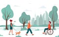 Outdoor activity. People walking in the city park. Girl with a dog, elderly woman with nordic walking sticks, woman in wheelchair Royalty Free Stock Photo