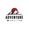 Outdoor adventure travel badge logo with sun and mountain landscape vector illustrations template Royalty Free Stock Photo