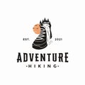 Outdoor adventure travel hiking logo with hiking boot, sun waterfall and forest landscape vector illustrations Royalty Free Stock Photo