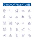 Outdoor adventures line icons signs set. Design collection of Trekking, Hiking, Camping, Kayaking, Canoeing, Rock