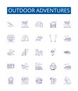 Outdoor adventures line icons signs set. Design collection of Trekking, Hiking, Camping, Kayaking, Canoeing, Rock