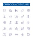 Outdoor adventures line icons signs set. Design collection of Trekking, Hiking, Camping, Kayaking, Canoeing, Rock