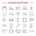 Outdoor advertising, commercial and marketing flat line icons. Billboard, street signboard, transit ads, posters banner