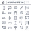 Outdoor advertising, commercial and marketing flat line icons. Billboard, street signboard, transit ads, posters banner