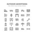 Outdoor advertising, commercial, marketing flat line icons. Billboard, street signboard, transit ads, posters banner