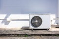 Outdoor air conditioner compressor unit on white wall with sunlight shadow Royalty Free Stock Photo