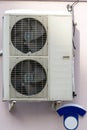 An outdoor air conditioner unit consisting of two fans. A large industrial air conditioner on the wall of a store or enterprise. Royalty Free Stock Photo