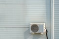 An outdoor air conditioner unit installed on the outer wall of a residential building. The fan and the radiator grille of the air Royalty Free Stock Photo